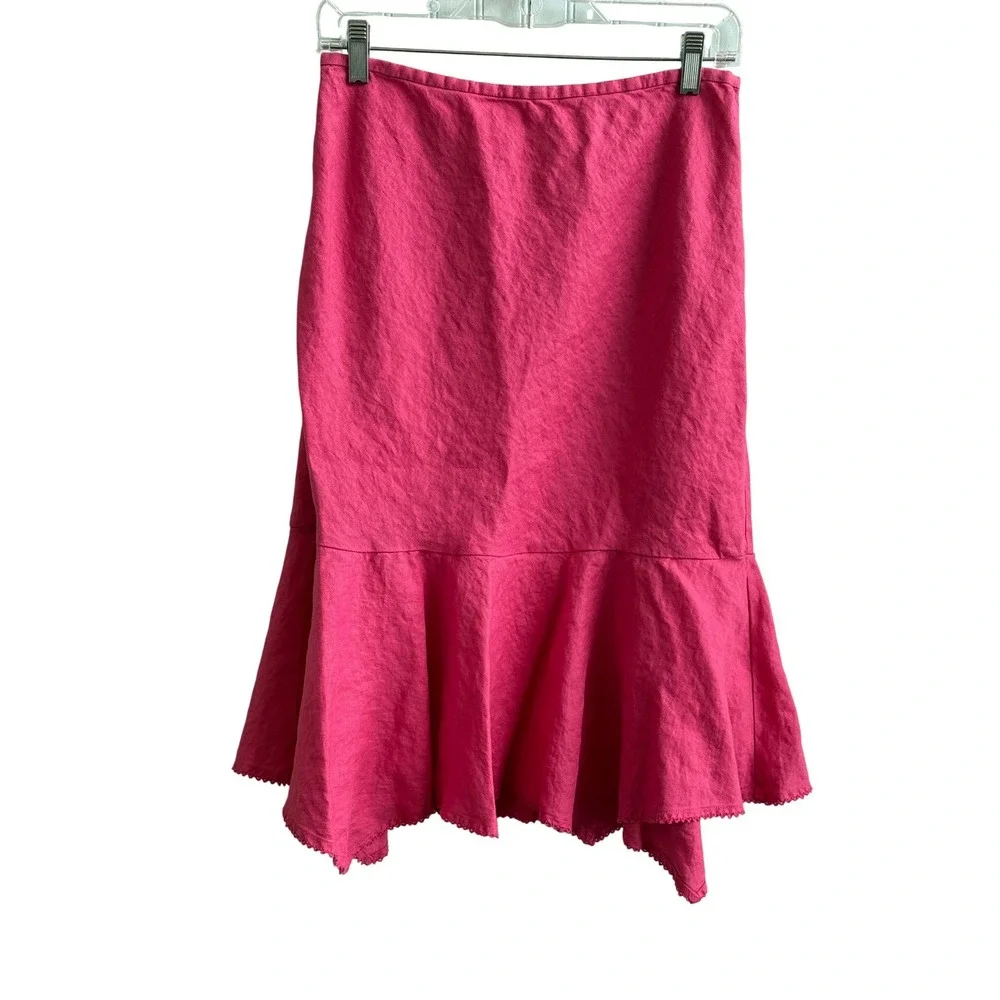 100% Linen Ann Taylor Pink Midi Skirt Crochet Trim Size 6 Romantic Feminine